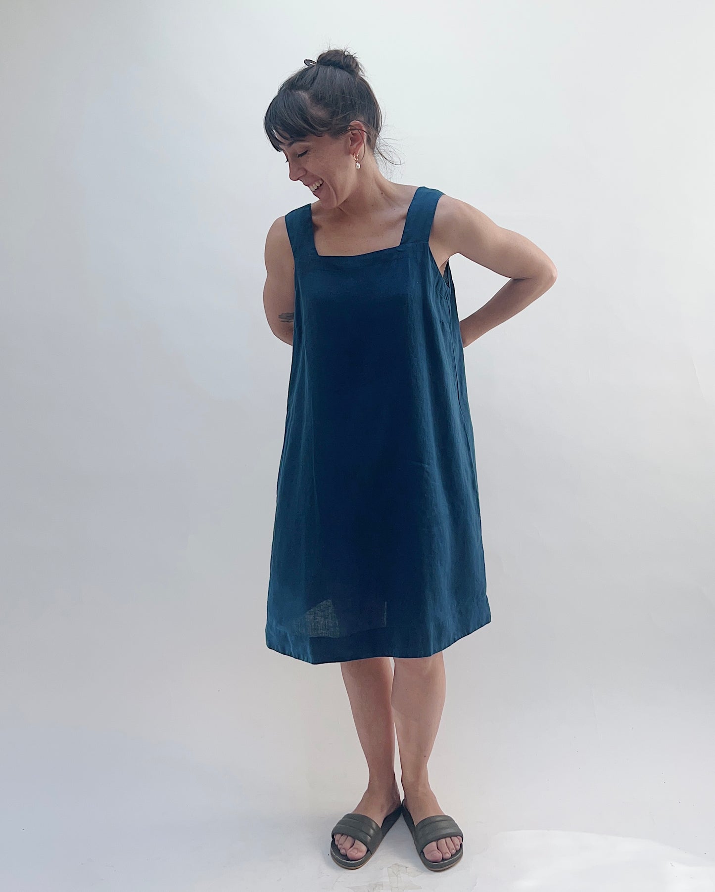 Square Neck Linen Dress in Naval