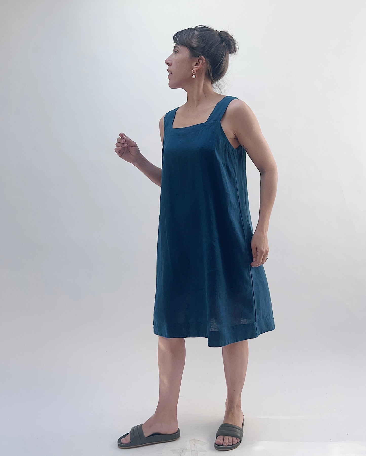 Square Neck Linen Dress in Naval