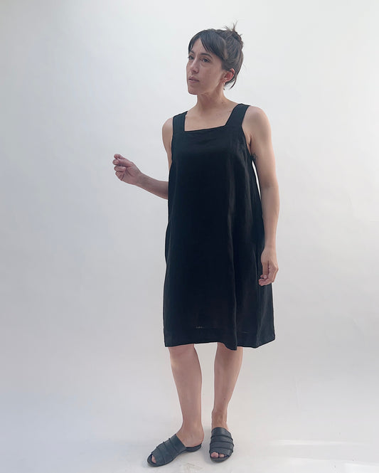 Square Neck Linen Dress in Black