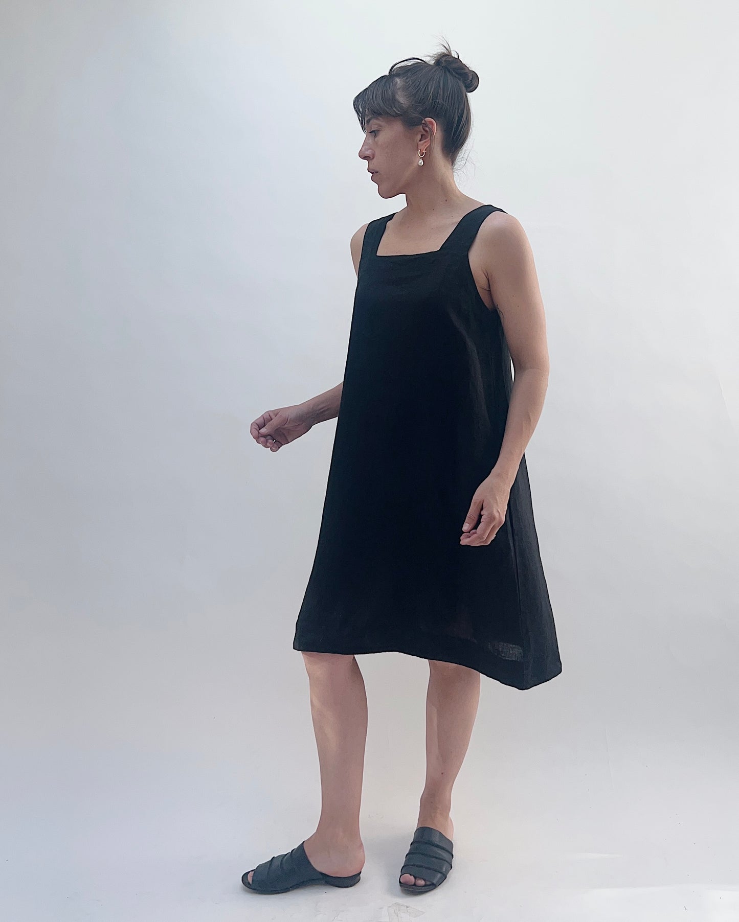 Square Neck Linen Dress in Black
