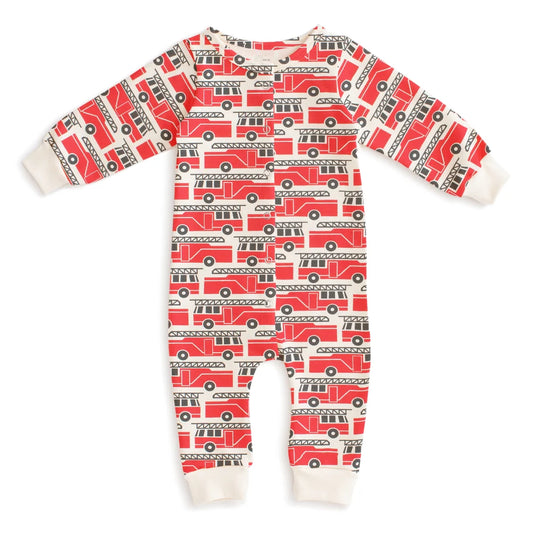 A baby long-sleeve footless french terry one-piece jumpsuit with an all-over red fire truck pattern on a white background, featuring white ribbed cuffs and ankles.