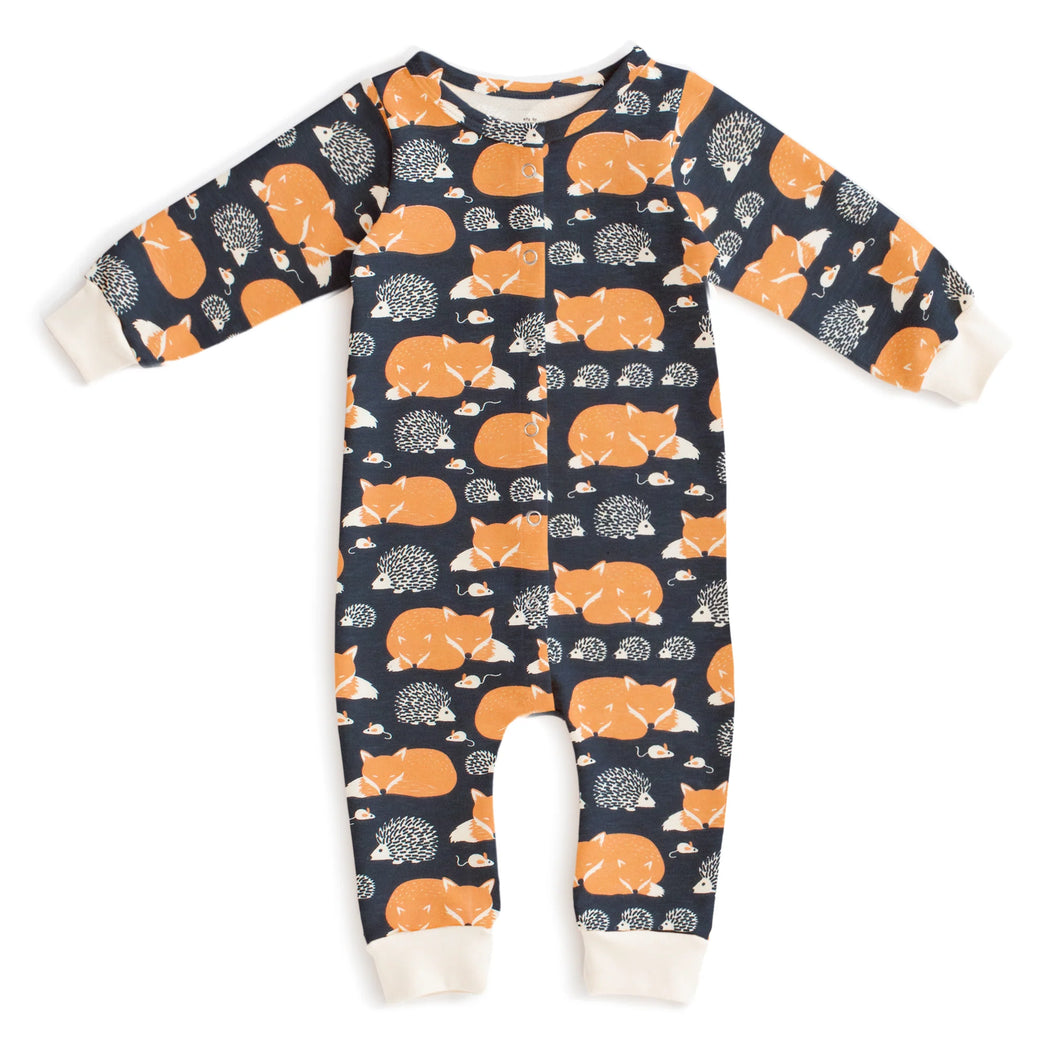 Winter Water Factory | French Terry Jumpsuit in Night Sky Foxes & Hedgehogs Print