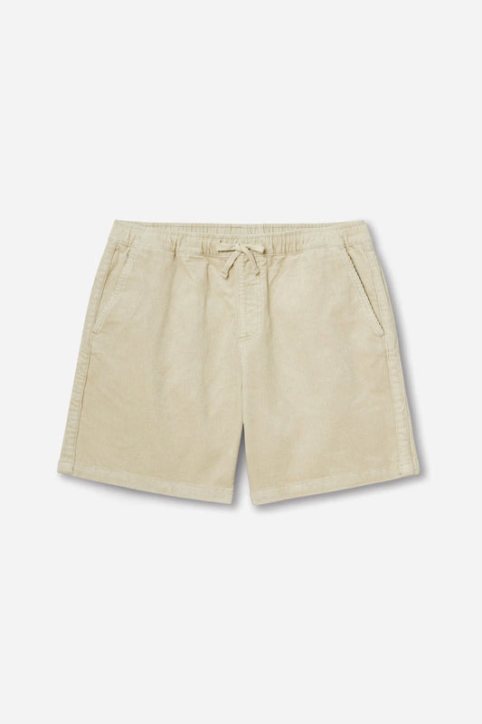 Katin Kord Patio Shorts in Pelican — flat lay front view showing the elastic waistband with external drawcord, faux fly, front slash pockets, and relaxed 18" outseam in pale cream stretch corduroy, on a light grey background