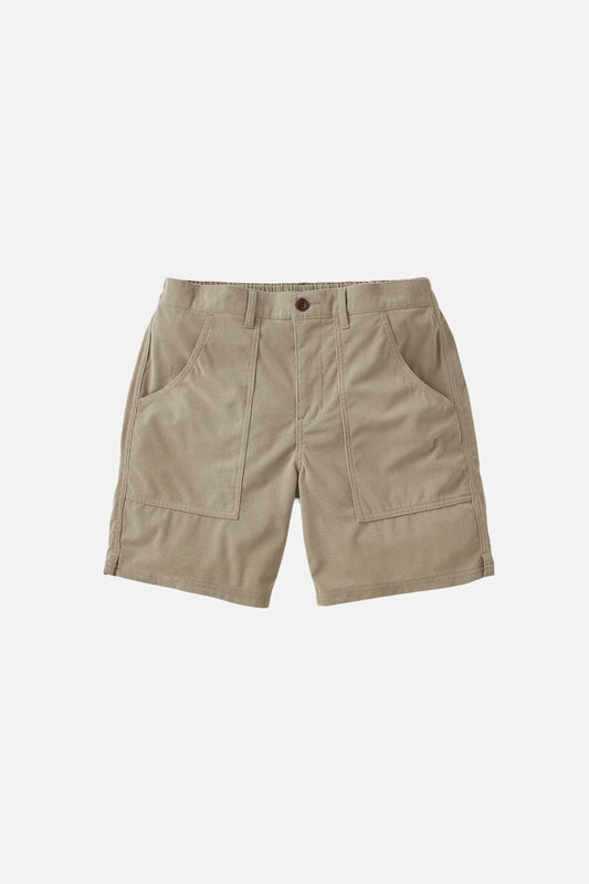 Katin Trails Corduroy Shorts in Vintage Khaki — flat lay front view showing the relaxed fit, two large front patch pockets, zip fly with button closure, and split side seam hem in warm khaki 21 wale corduroy, on a light grey background