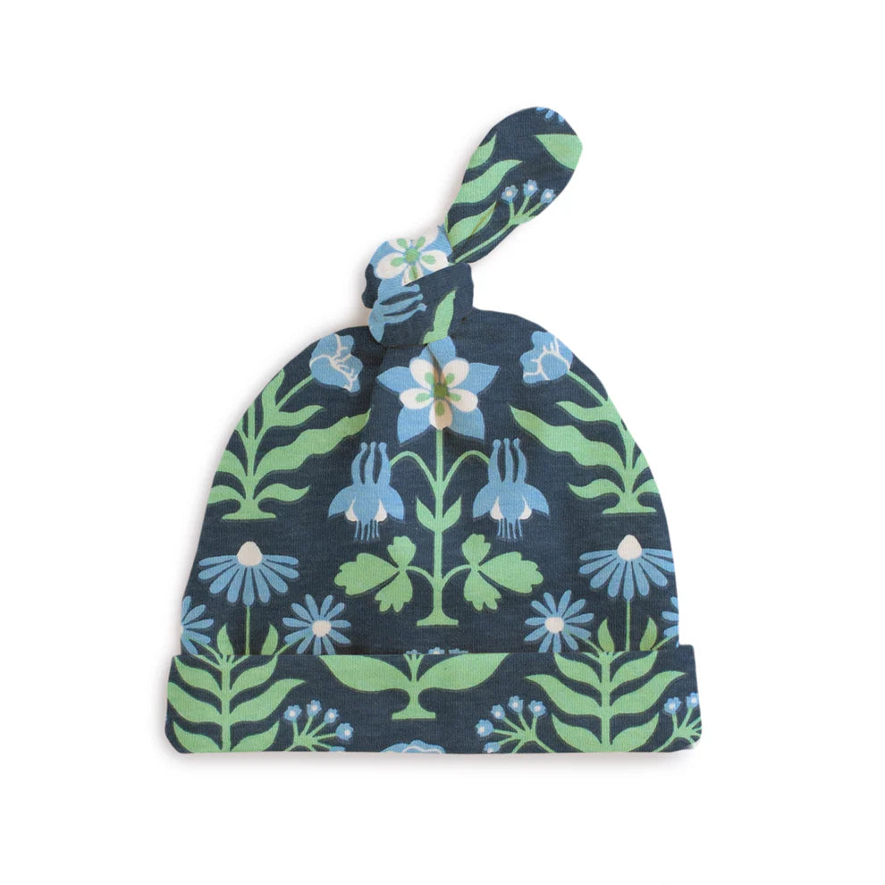 Winter Water Factory | Knotted Baby Hat in Blockprint Floral Blue & Green
