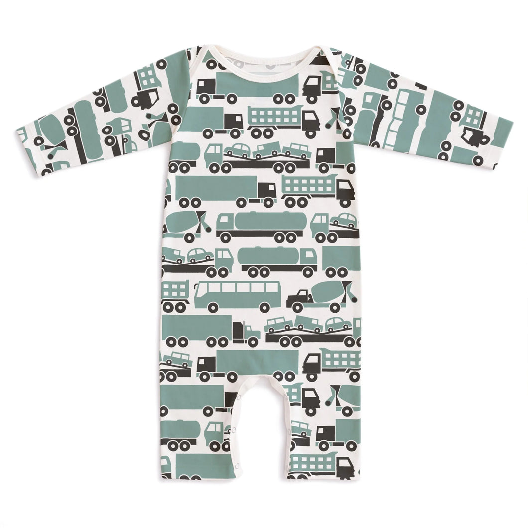 Winter Water Factory | Long Sleeve Romper in Surf Blue Big Rigs Print