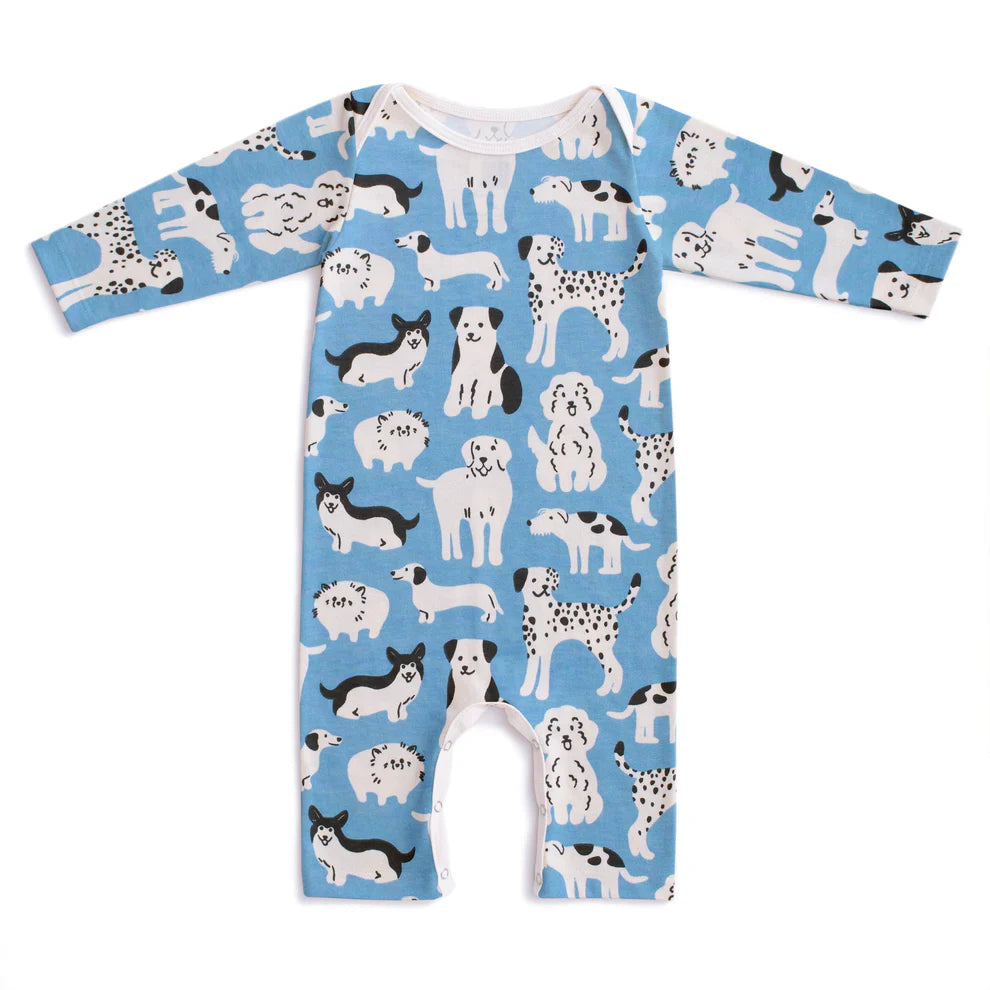 Winter Water Factory | Long Sleeve Romper in Blue Dog Parade