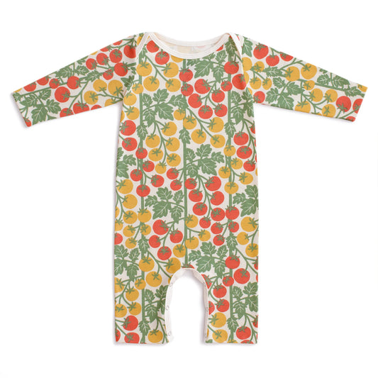 Long Sleeve Romper in Tomato Vines Red & Yellow