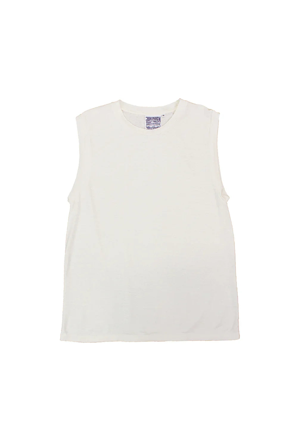 Jungmaven Malibu Muscle Tee in Washed White, a relaxed boxy sleeveless crewneck with a subtle slubby texture, shown flat on a white background with the Jungmaven "American Made" label at the collar