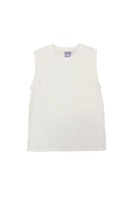 Jungmaven Malibu Muscle Tee in Washed White, a relaxed boxy sleeveless crewneck with a subtle slubby texture, shown flat on a white background with the Jungmaven "American Made" label at the collar