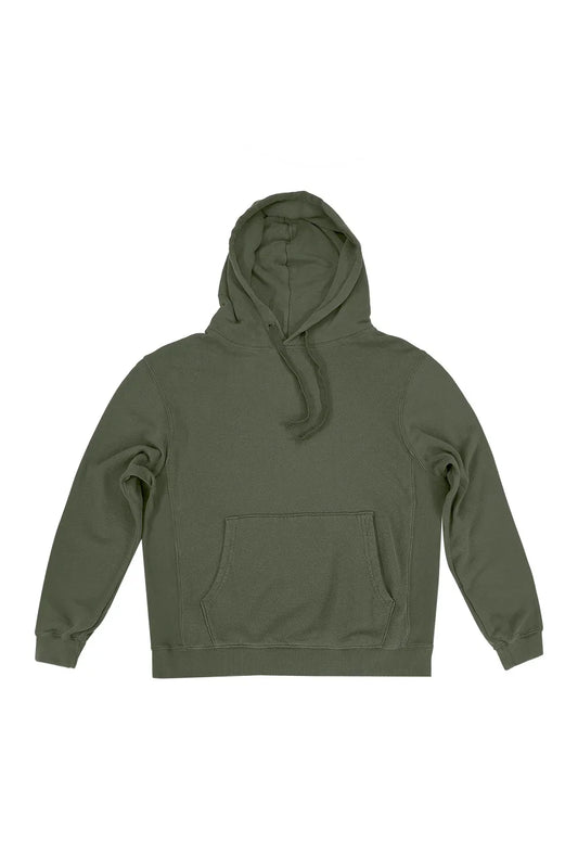 Jungmaven Montauk Hooded Sweatshirt in Olive Green — flat lay showing classic fit hoodie with kangaroo pocket and drawcord, on white background

