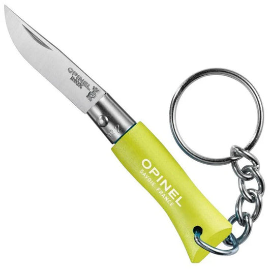 Opinel No.04 Colorama folding knife open in forest green with stainless steel blade and attached metal keychain ring