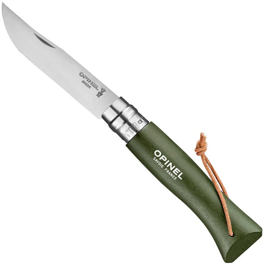 Opinel No.8 folding knife open, showing stainless steel blade, khaki green hornbeam handle with Virobloc safety ring, and leather lanyard