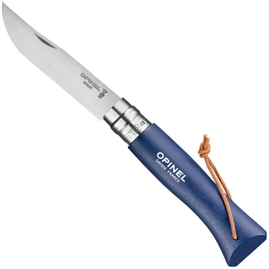 Opinel No.8 folding knife open, showing stainless steel blade, blue hornbeam handle with Virobloc safety ring, and leather lanyard
