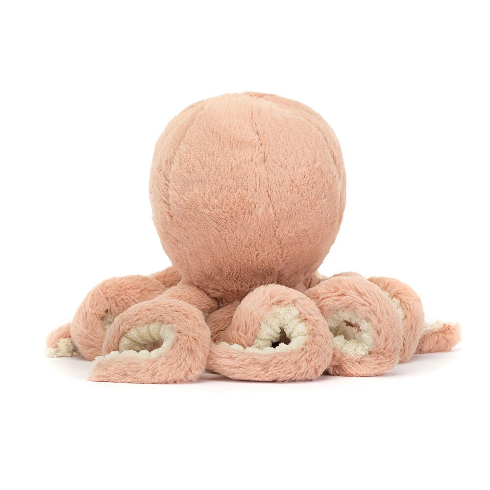 Jellycat Little Odell Octopus, back view showing the peach-pink head and curled arms with cream undersides.
