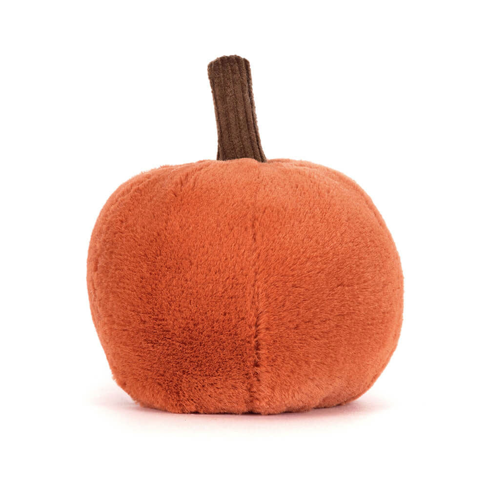 Rear view of the Jellycat Ooky Jack O Lantern plush toy on a white background, showing the round orange pumpkin body with vertical seams and a textured brown stem