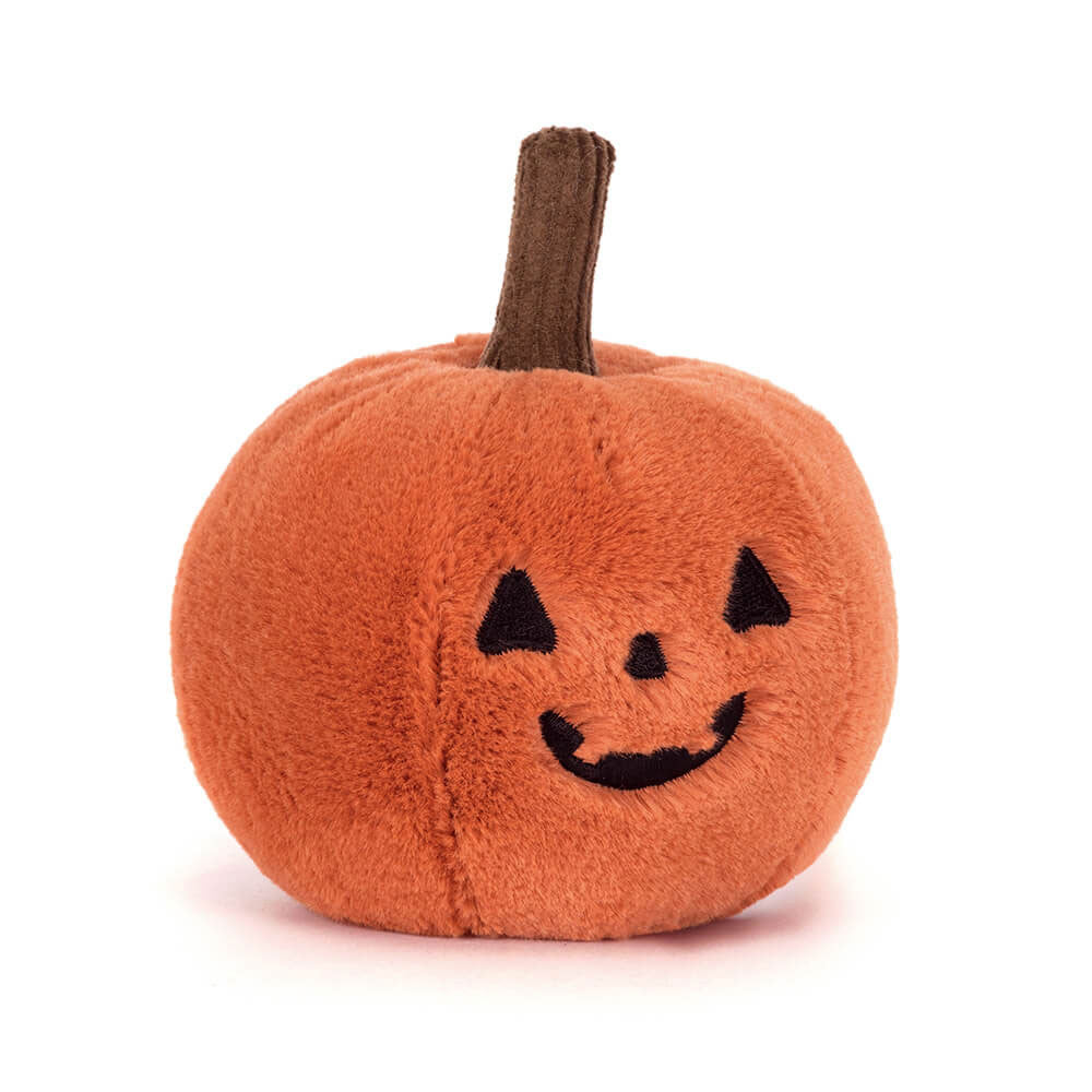 Jellycat Ooky Jack O Lantern plush toy on a white background, showing a round orange pumpkin with a brown stem and an embroidered jack-o-lantern face with triangular eyes and a grinning mouth