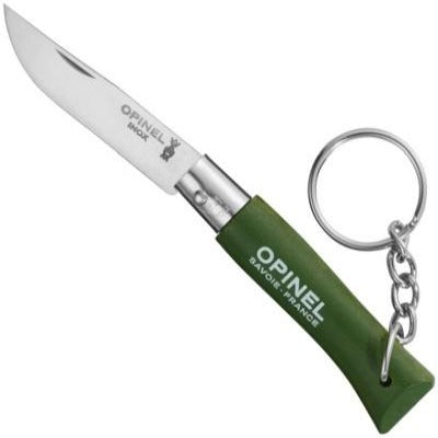 Opinel No.04 Colorama folding knife open in forest green with stainless steel blade and attached metal keychain ring