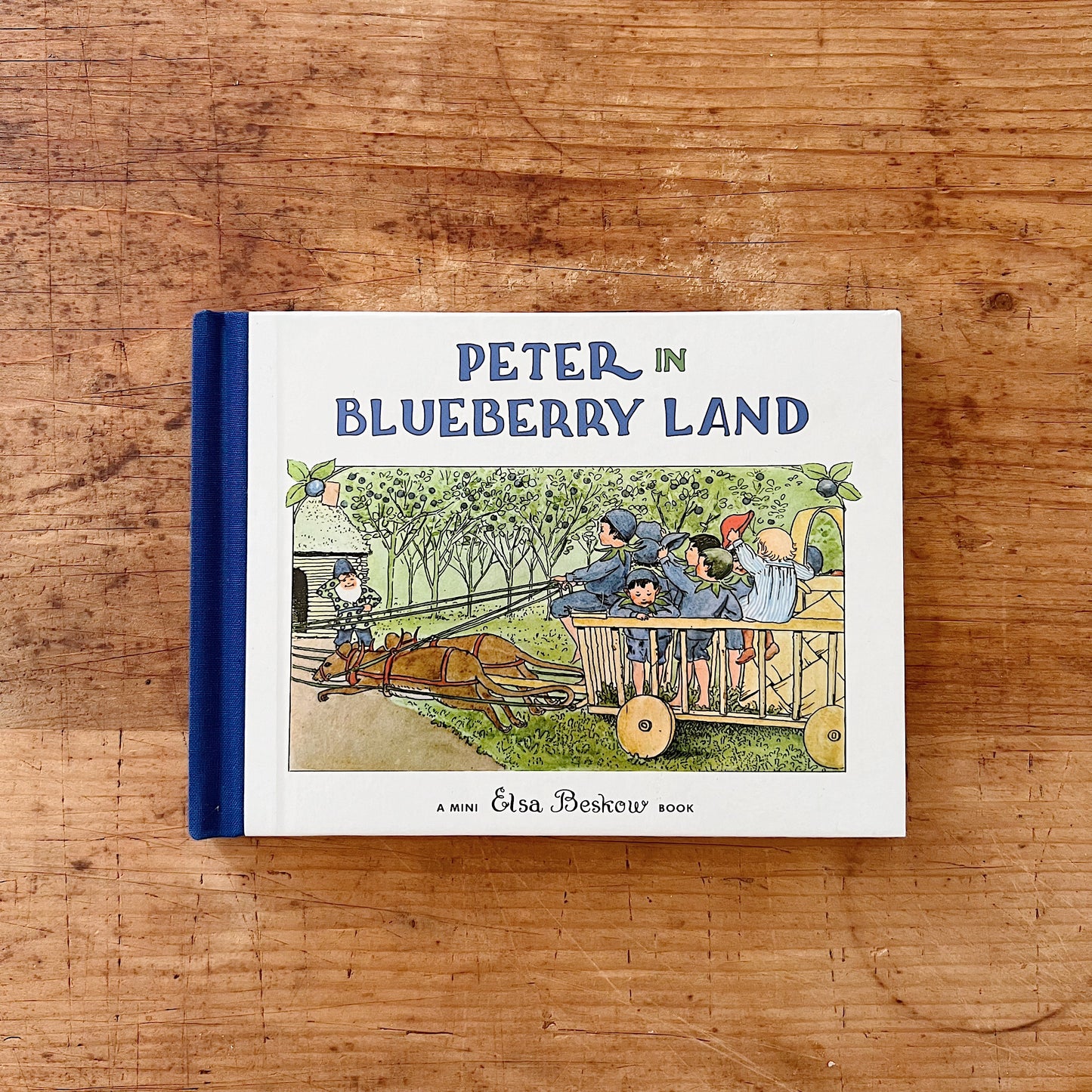 Front cover of mini version of Elsa Beskow's Peter in Blueberry Land. Illustration shows a group of boys riding in a cart pulled by mice.