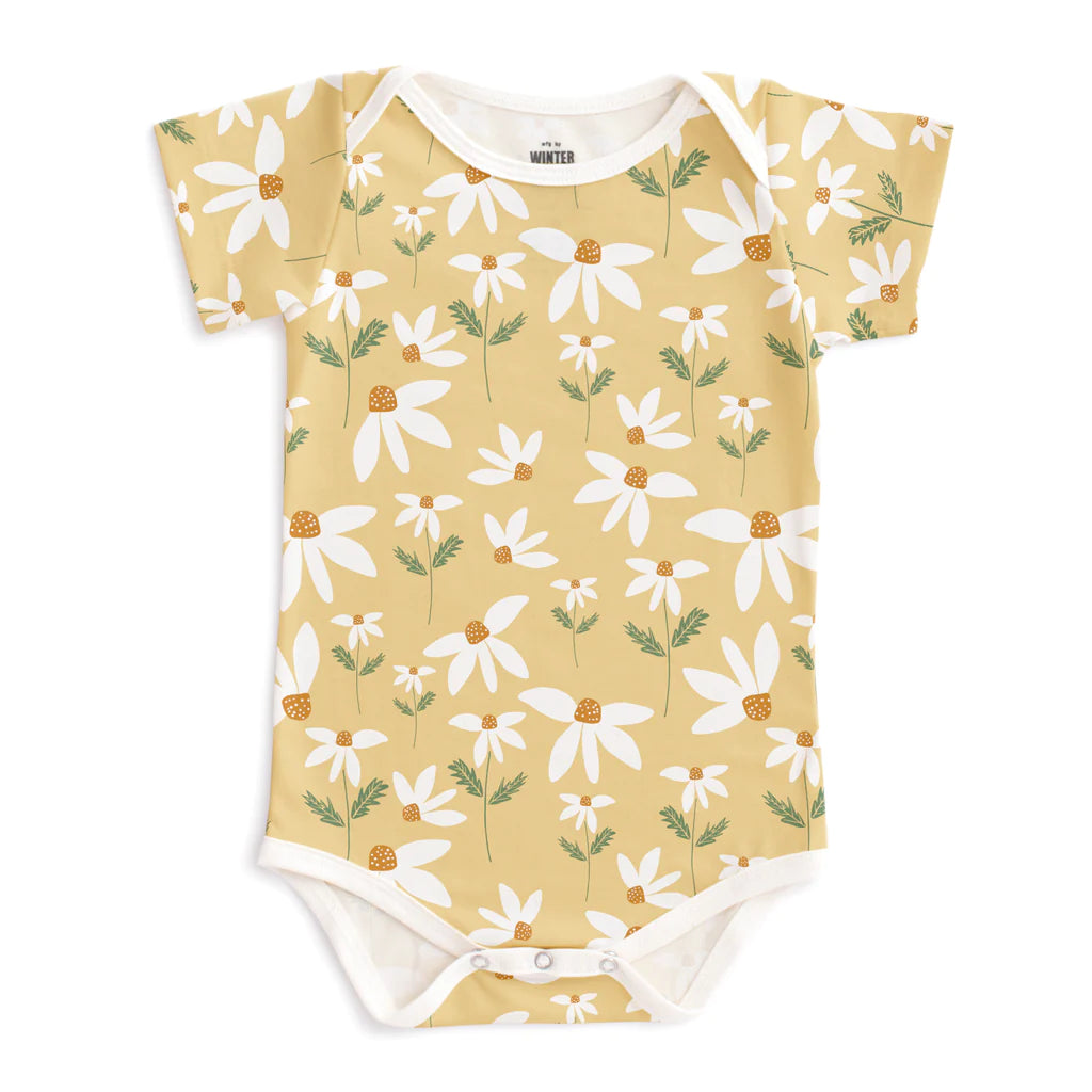 Winter Water Factory | Short-Sleeve Snapsuit in Yellow Daisies Print