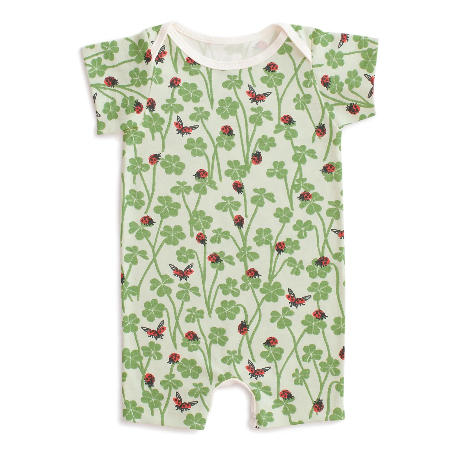 Baby romper with nature-themed print on a white background