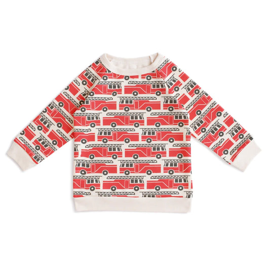 Children's long-sleeve sweatshirt with a red fire truck pattern on a white background