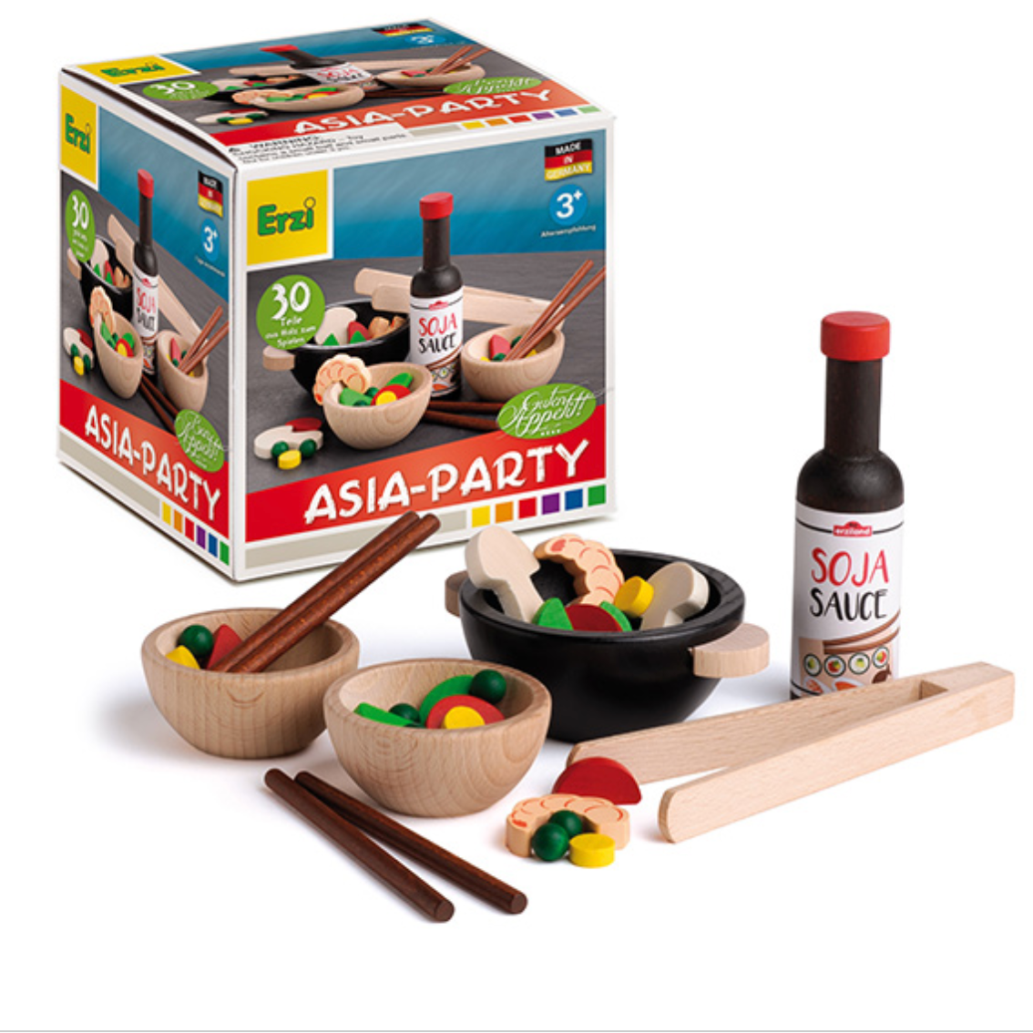 Toy kitchen set with 'Asia-Party' packaging, including bowls, chopsticks, and a bottle labeled 'Soja Sauce'.