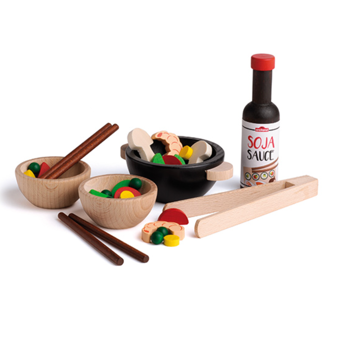 Wooden toy food set with bowls, chopsticks, and a bottle labeled 'Soya Sauce' on a white background