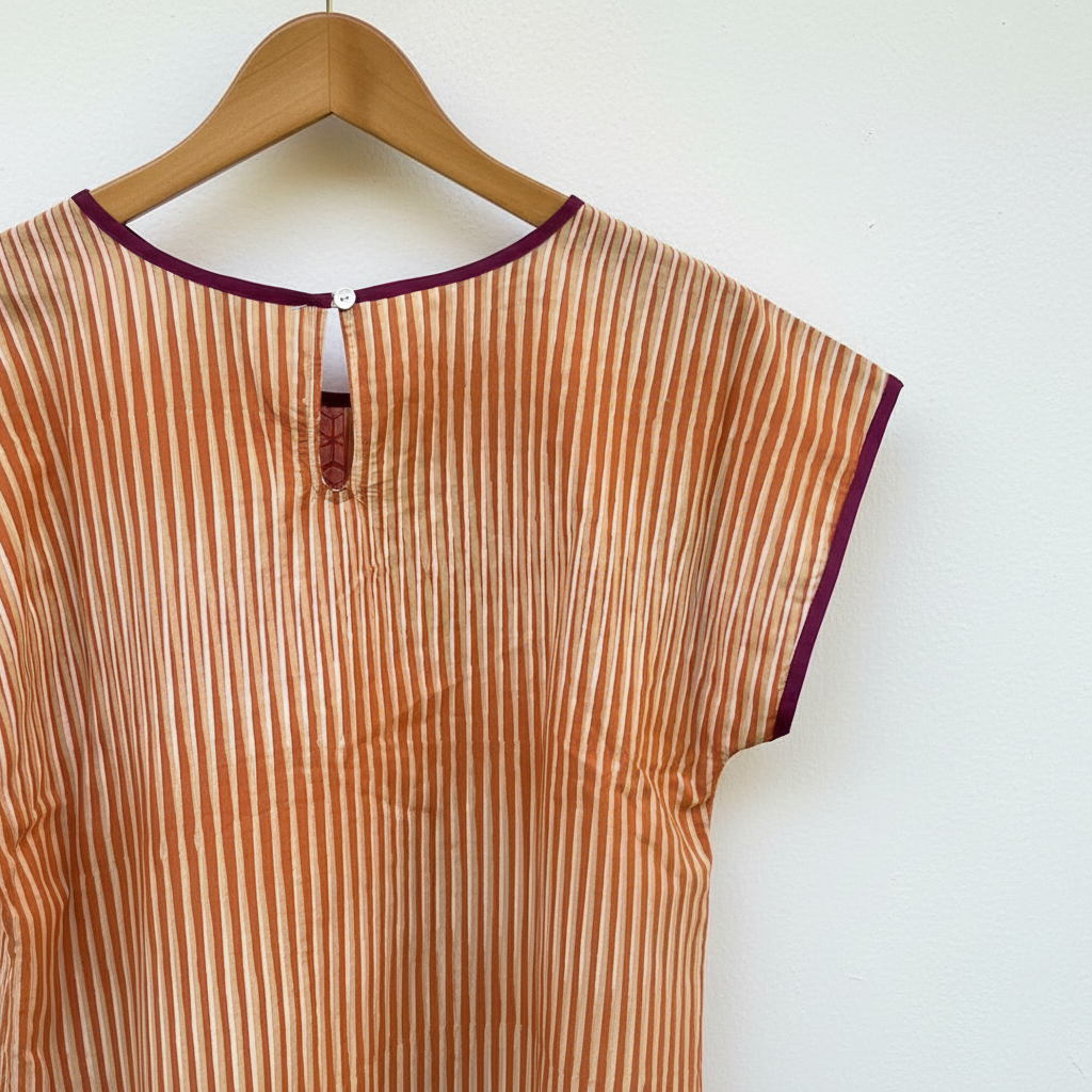 Striped shirt with purple trim on a wooden surface