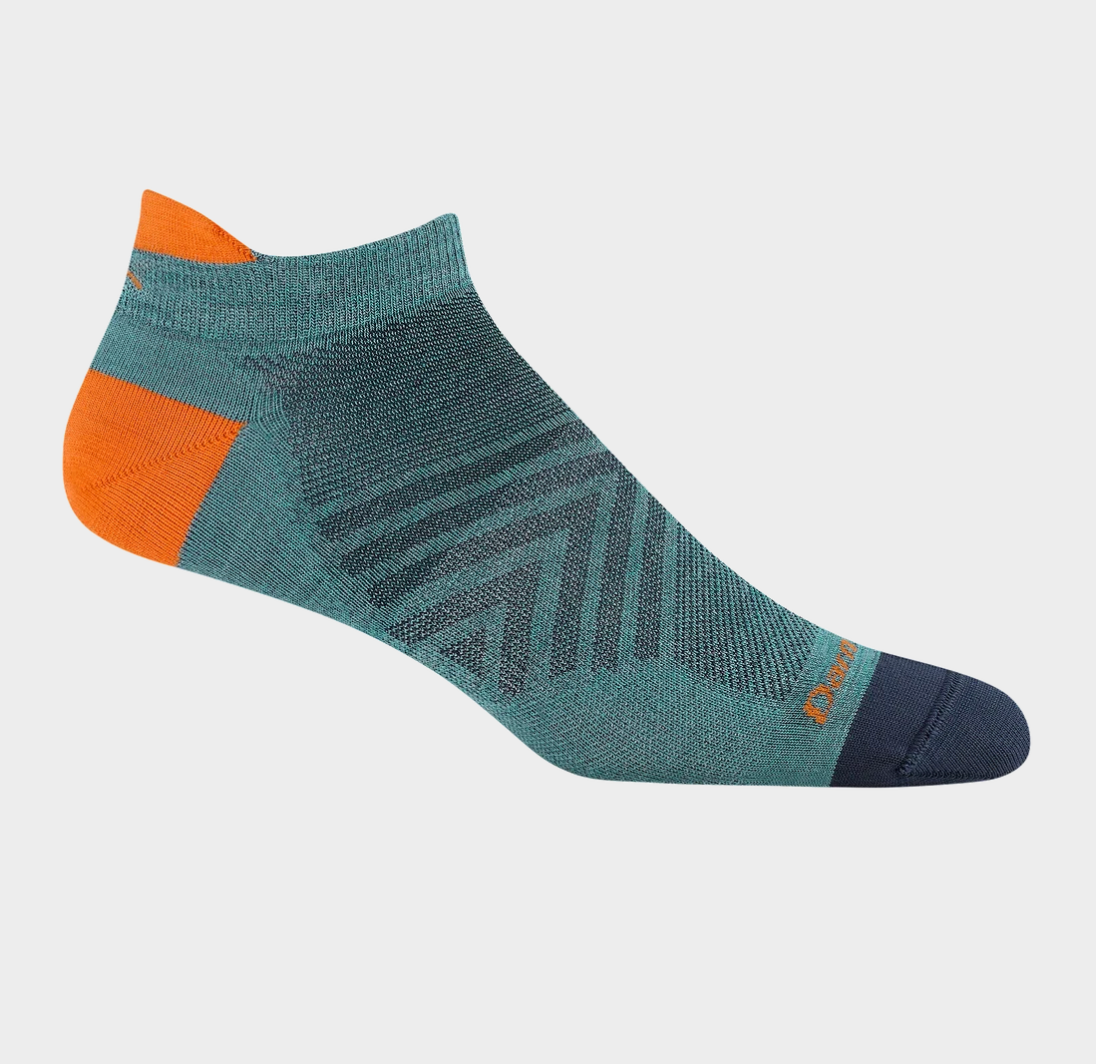 A single low-cut athletic sock in teal with bright orange heel and toe accents, plus a dark navy toe cap, shown on a light gray background.