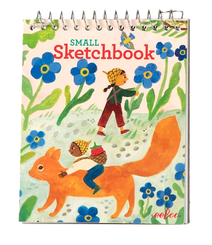 A small spiral-bound sketchbook with a colorful illustrated cover showing blue flowers, a child walking, and a child riding an orange squirrel. The title 'SMALL Sketchbook' is printed at the top, and the brand name 'Eeboo' appears in the lower right corner.
