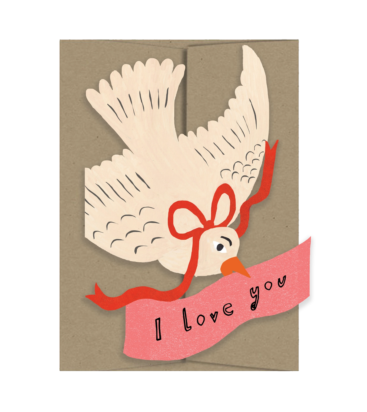 Isatopia Love You Bird Card, cream die-cut bird with outstretched wings and a red ribbon above a pink “I love you” banner, shown against a kraft envelope.

