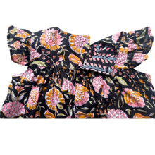Load image into Gallery viewer, Flutter Sleeve Midi Dress in Charcoal and Pink Magnolia Block Print
