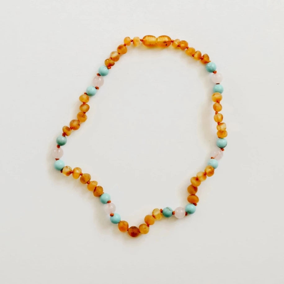 Raw Honey Baltic Amber and Natural Turquoise + Rose Quatrz Necklace
