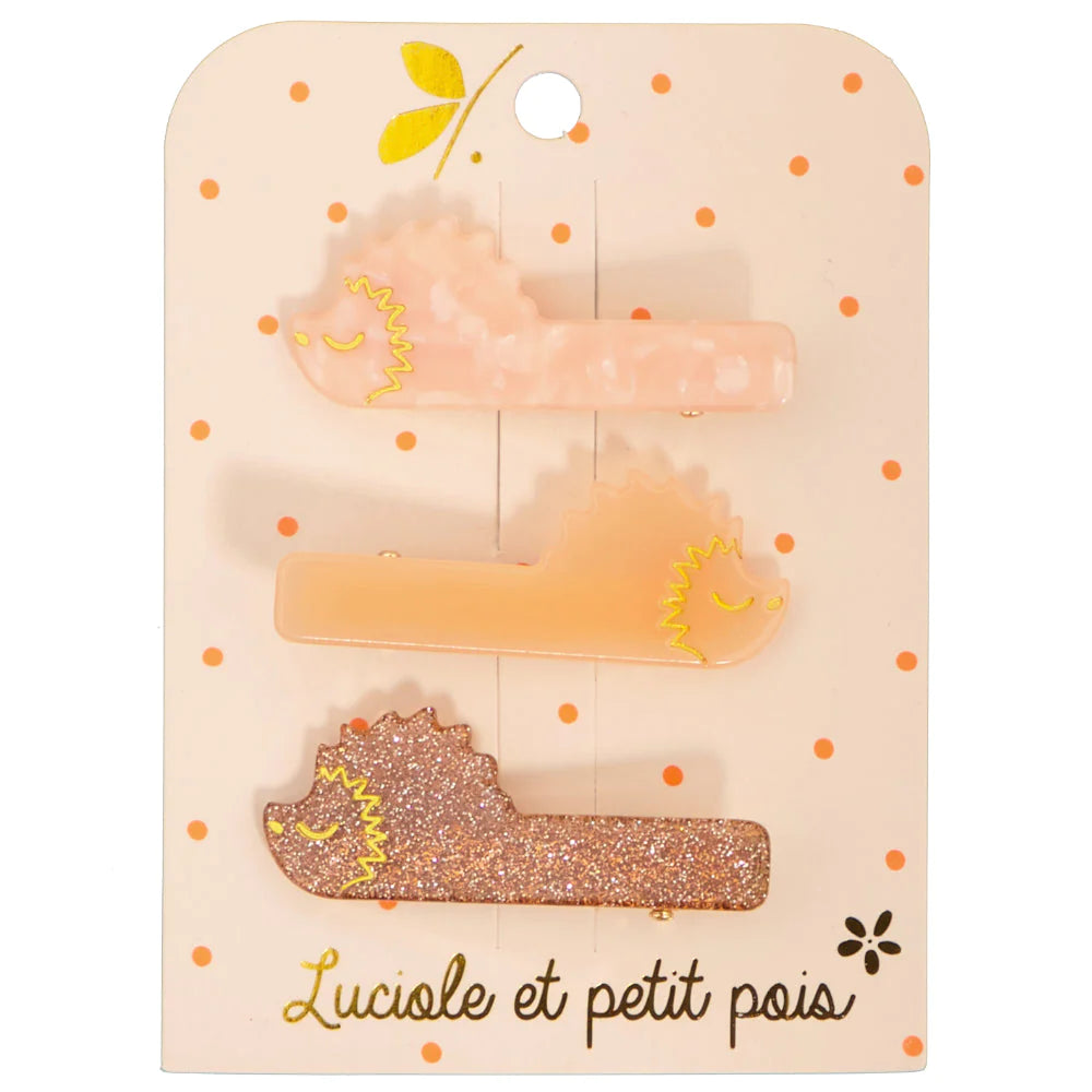 Luciole Et Petit Pois | Hedgehog Hair Clip Trio Gift Box in Glitter, Plain, & Mother of Pearl
