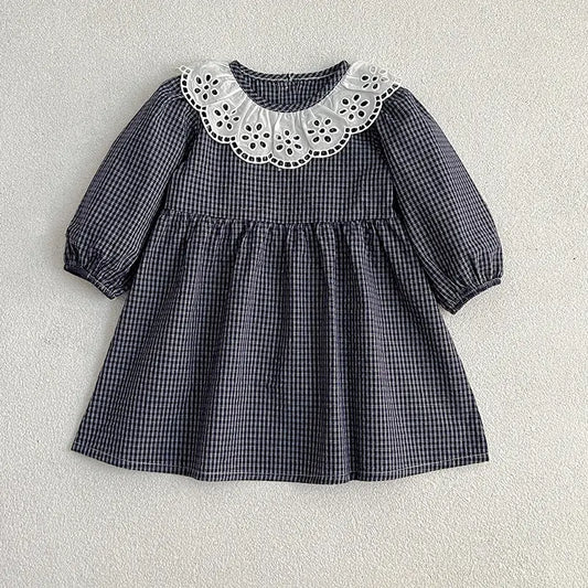 Lace Collar Puff Sleeve Grid Dress in Navy