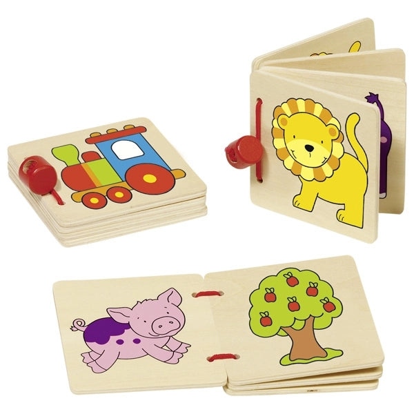Three Goki Wooden First Stories Board Books on a white background: the Locomotive book closed showing a colorful train, the Friendly Lion book open showing a yellow lion on one page, and the Farm book open showing a pink pig and an apple tree, all with red binding rings