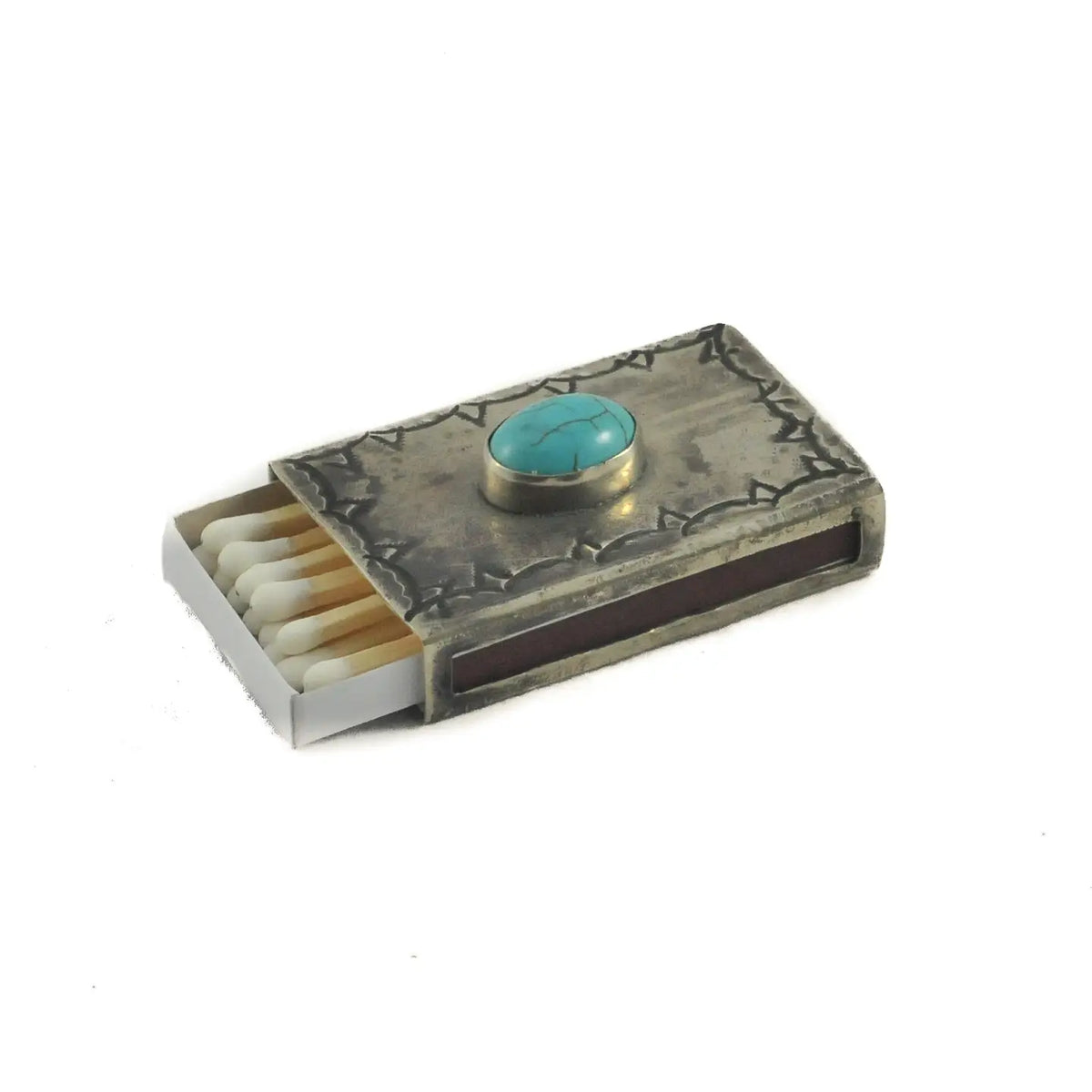 J. Alexander Small Stamped Matchbox with Turquoise open on a white background — an oxidized silver matchbox cover with a bezel-set turquoise cabochon and Navajo-inspired stampwork border, drawer slightly open to reveal matches
