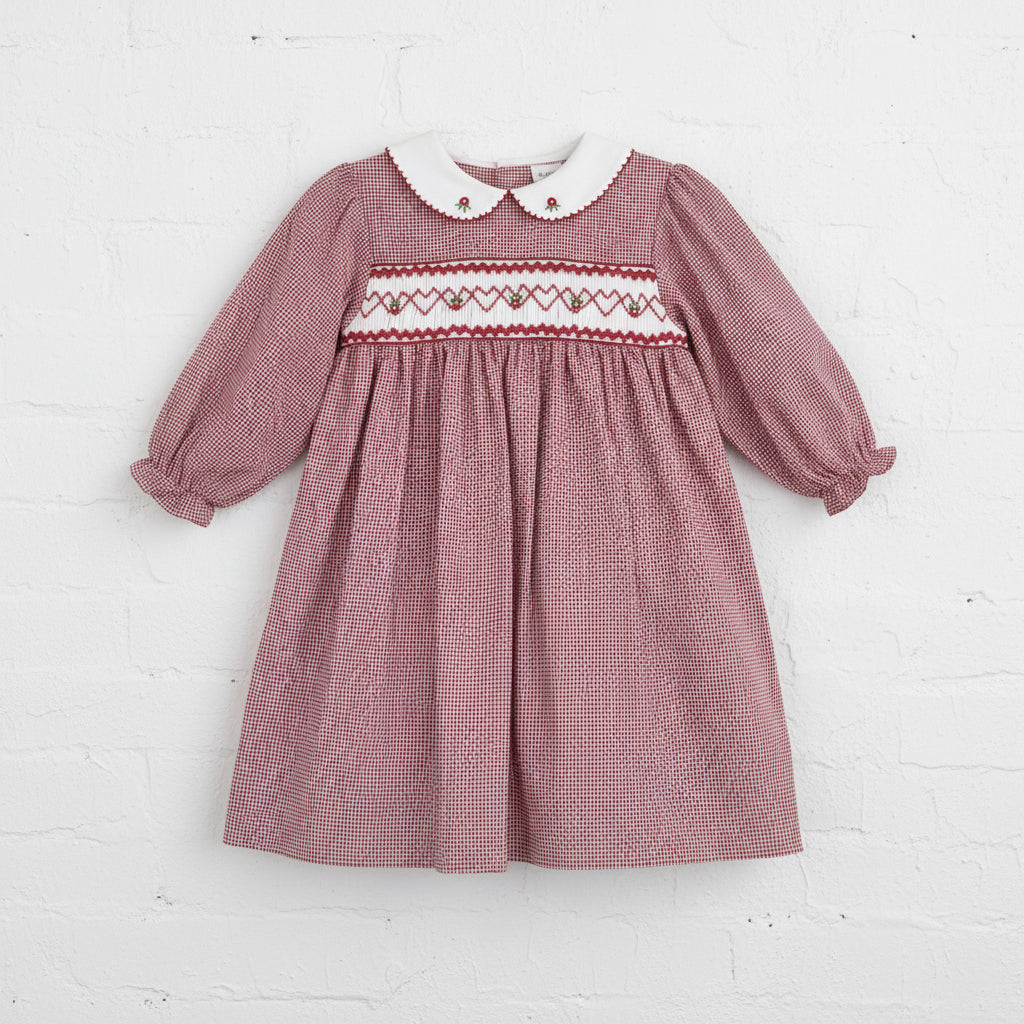 Girls' Red Check Long Sleeve Smocked Dress