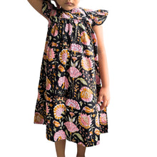 Load image into Gallery viewer, Flutter Sleeve Midi Dress in Charcoal and Pink Magnolia Block Print
