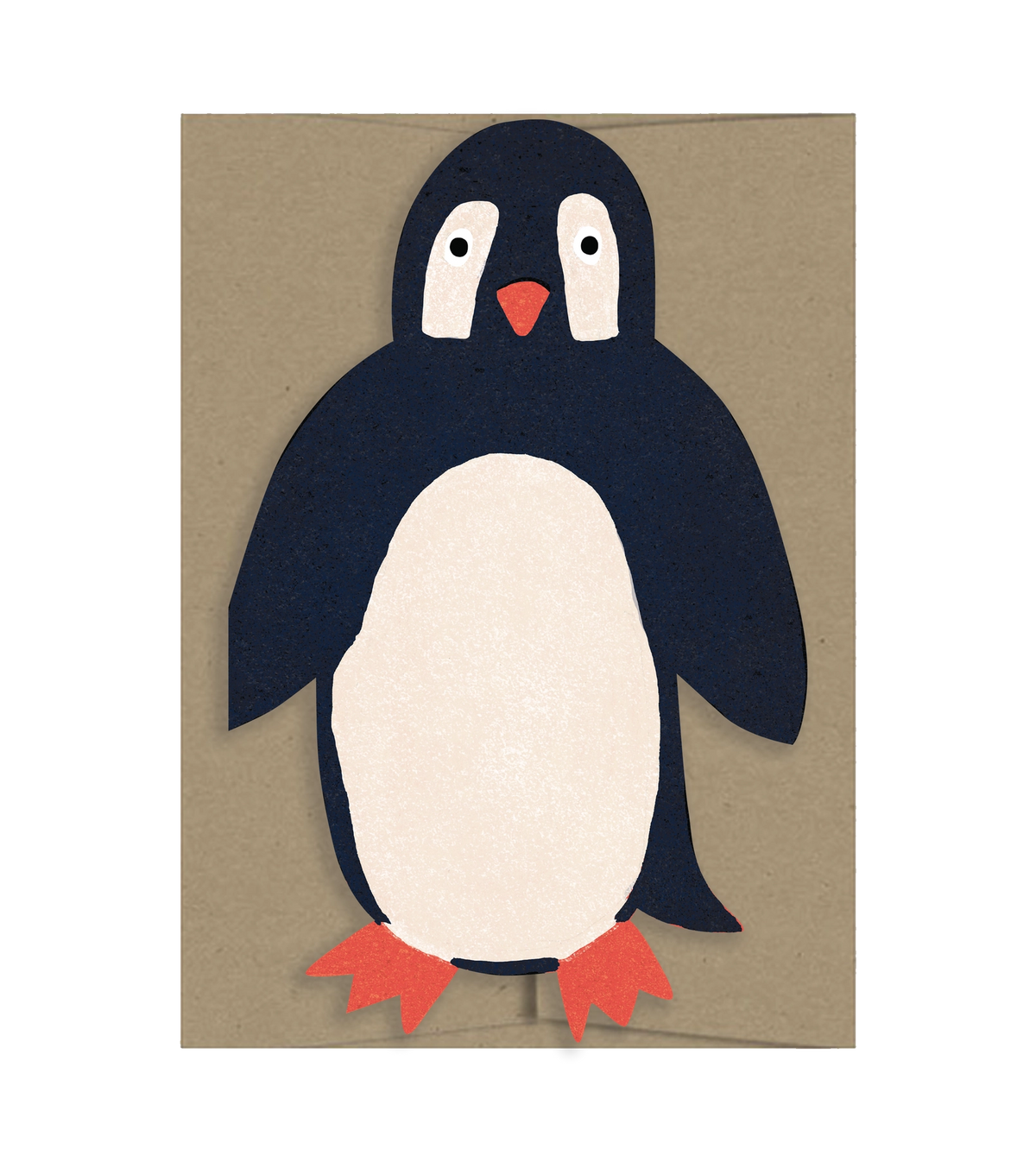 Isatopia Party Penguin Card, penguin-shaped die-cut card with a dark blue body, cream belly and face markings, and orange-red beak and feet, shown against a kraft envelope.
