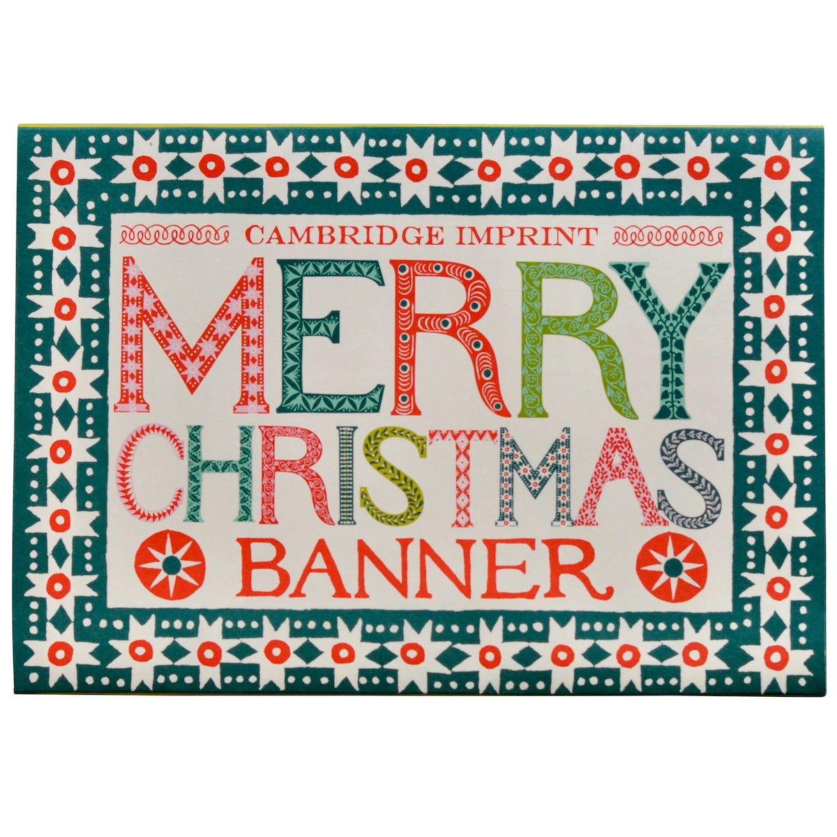 Christmas banner with colorful text and decorative border on a white background