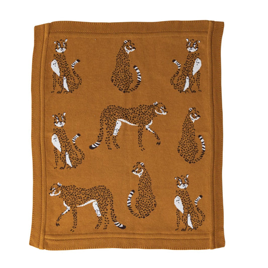 Mustard Cotton Knit Throw with Cheetahs