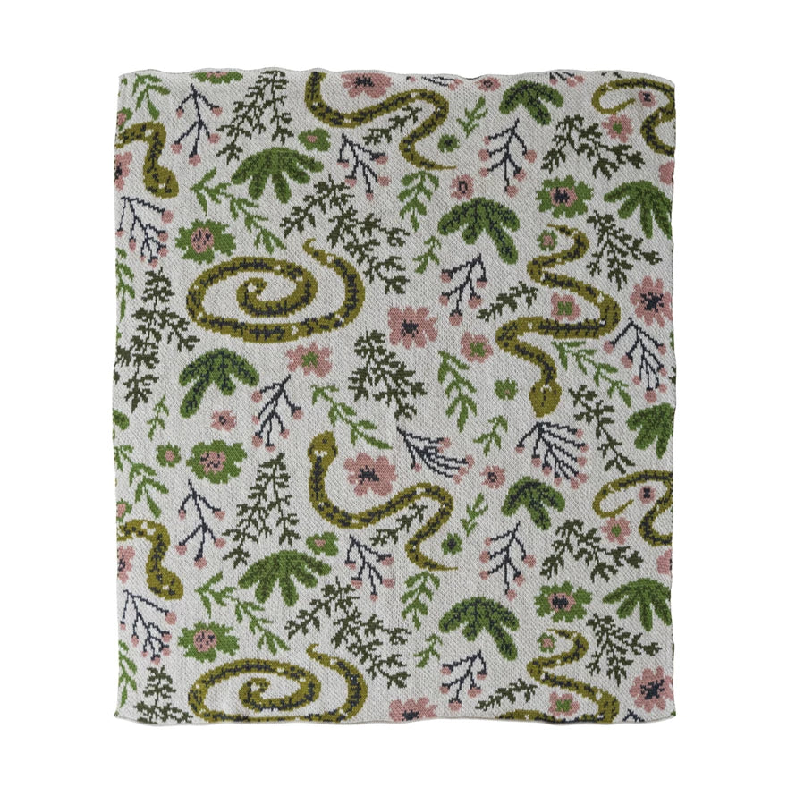 Cotton Knit Baby Blanket with Snakes and Florals