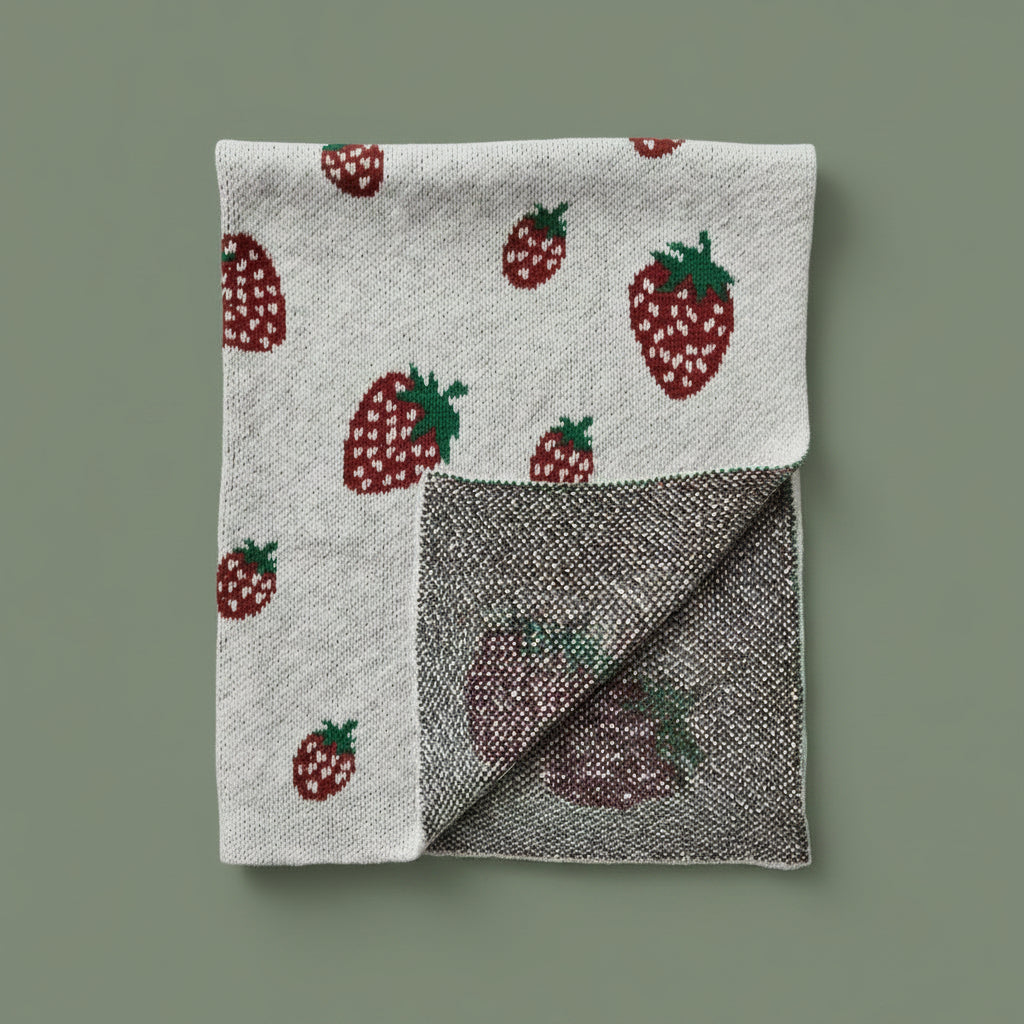 Folded blanket with strawberry pattern on a white background