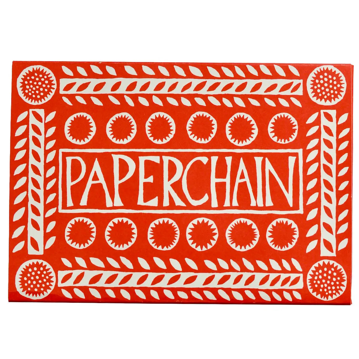 A square red and white decorative sign or plaque featuring the word 'PAPERCHAIN' in large white letters inside a red border with repeating circular and leaf-like patterns.