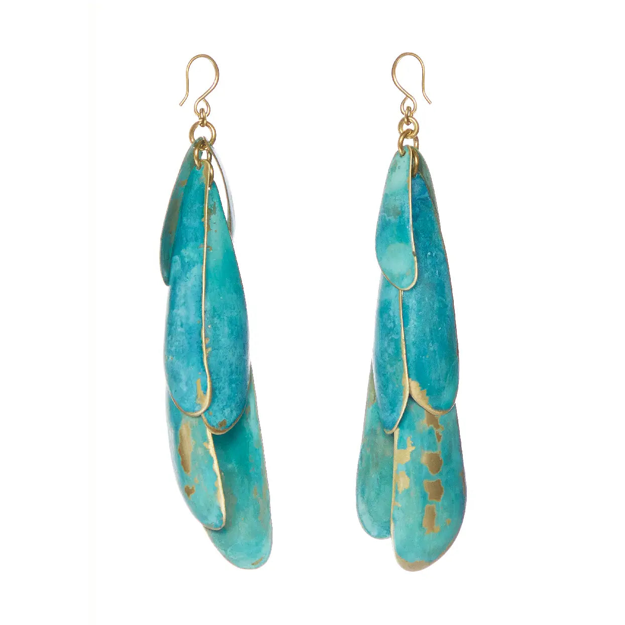 Pair of Sibilia Navaja Earrings in Patina, featuring long multi-petal treated brass blade drops with a turquoise and gold oxide patina finish, hanging from gold shepherd's hook wires, on a white background