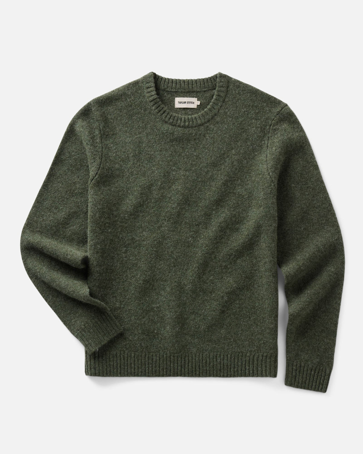 Front view of the spruce green Eastmoor wool sweater with long sleeves and ribbed crewneck, cuffs, and hem.
