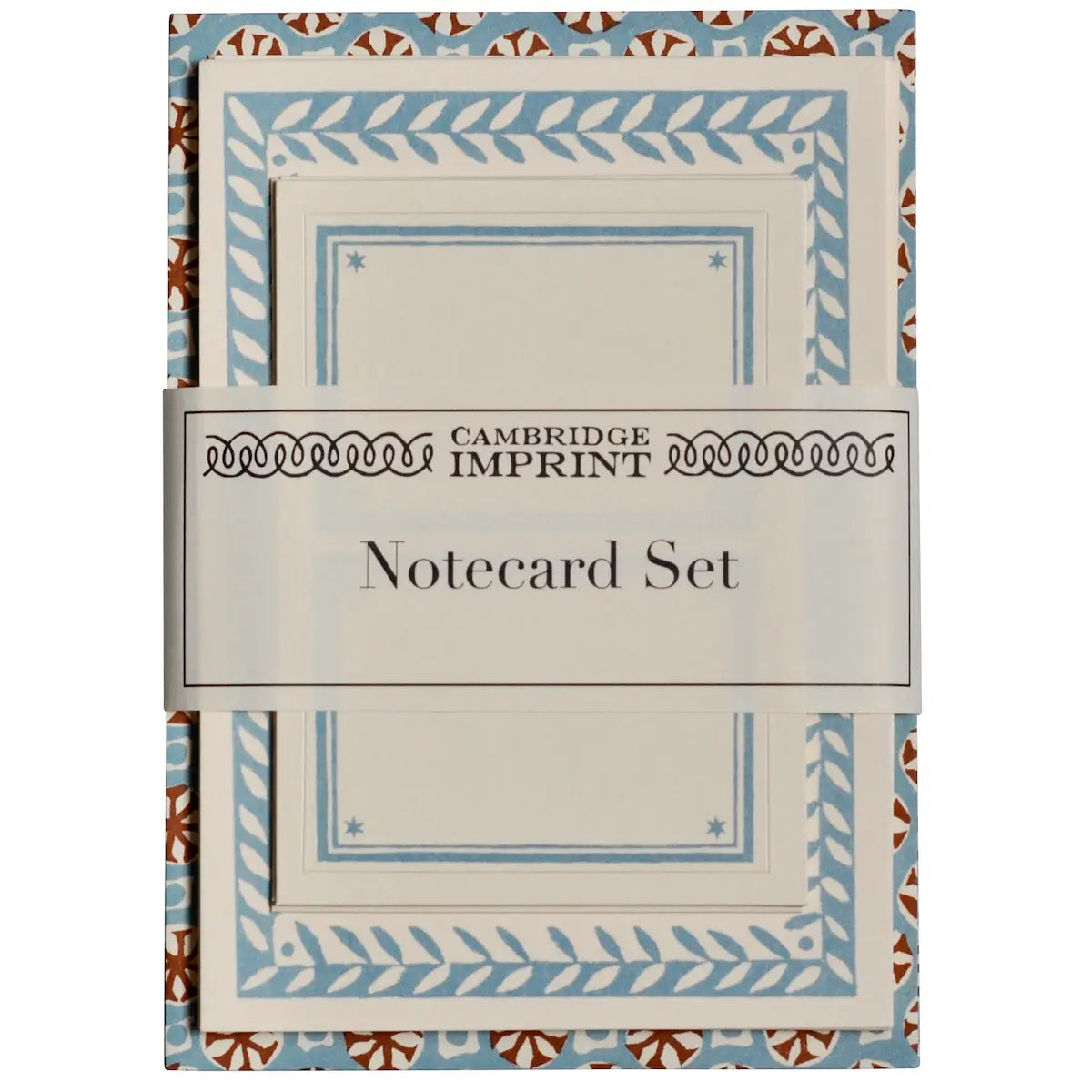 Cambridge Imprent notecard set in a decorative envelope-style packaging with blue and brown patterned borders and a central white label reading 'CAMBRIDGE IMPRINT Notecard Set'.