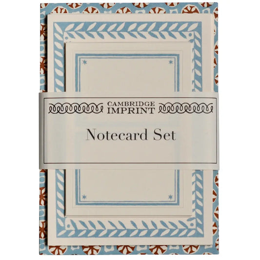 Cambridge Imprent notecard set in a decorative envelope-style packaging with blue and brown patterned borders and a central white label reading 'CAMBRIDGE IMPRINT Notecard Set'.